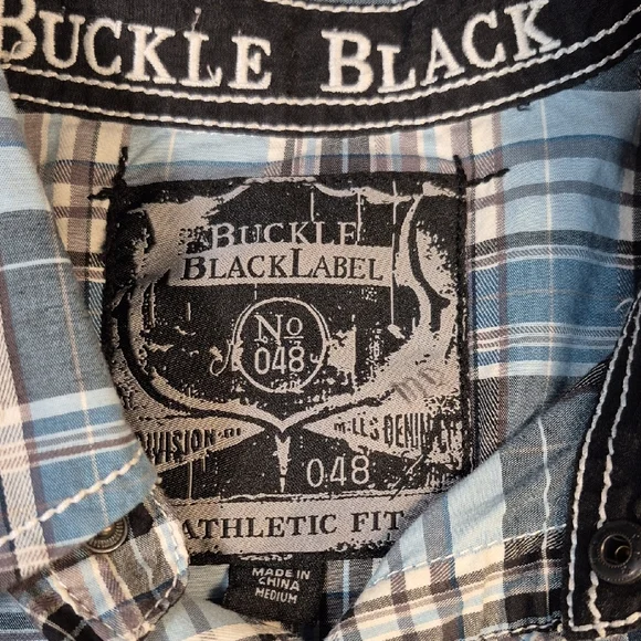 Buckle Black, Long Sleeve Black Label  Blue and Black Plaid Snap Down Mens Shirt - Picture 2 of 16